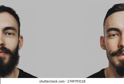 Vintage, Noise Effect: Two Portraits Of The Same Man Before And After A Haircut And Shave. Satisfied Barber Shop Customer, Copy Space