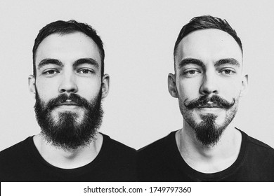 Vintage, Noise Effect: Two Portraits Of The Same Man Before And After A Haircut And Shave. Satisfied Barber Shop Customer, Copy Space