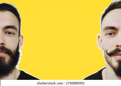 Vintage, Noise Effect: Two Portraits Of The Same Man Before And After A Haircut And Shave. Satisfied Barber Shop Customer, Copy Space