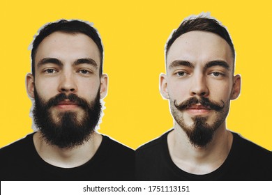 Vintage, Noise Effect: Two Portraits Of The Same Man Before And After A Haircut And Shave. Satisfied Barber Shop Customer, Copy Space