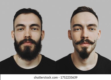 Vintage, Noise Effect: Two Portraits Of The Same Man Before And After A Haircut And Shave. Satisfied Barber Shop Customer, Copy Space