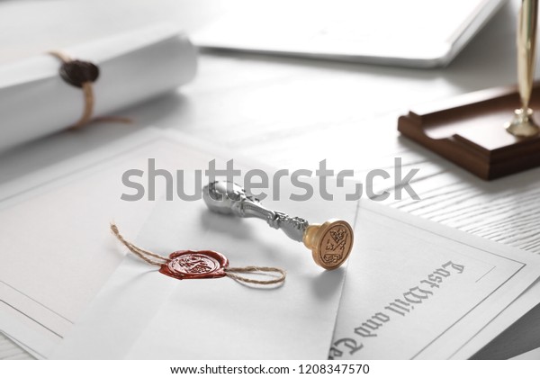 Vintage Notary Stamp Documents On Desk Stock Photo Edit Now