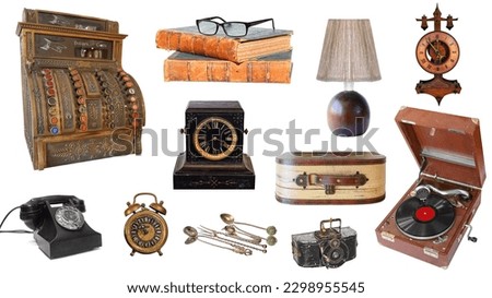 Vintage objects isolated on white background. Vintage and antique alarm clock, desktop clock, lamp, photo camera, suitcase, telephone, microphone, books, glasses, cash register and record player