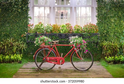 Vintage Old Bicycle With White Window And Garden Background