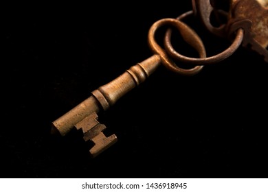 Vintage Old Brass Skeleton Key On Key Chain Showing Rust And Patina