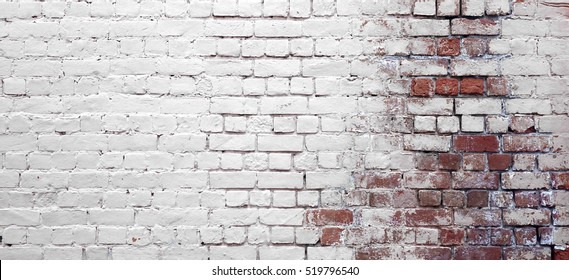 Vintage Old Brick Wall Texture. Grunge Red White Stonewall Background. Distressed Wall Surface. Grungy Wide Brickwall. Shabby Building Facade With Damaged Plaster.  Abstract Web Banner. Copy Space