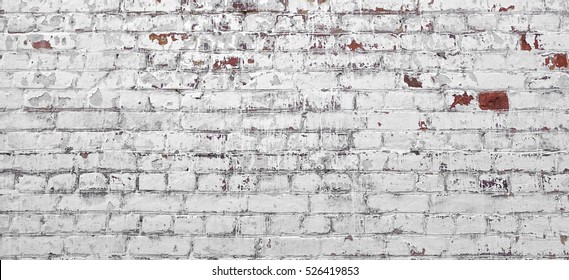 Vintage Old Brick Wall Texture. Grunge Red White Stonewall Background. Distressed Wall Surface. Grungy Wide Brickwall. Shabby Building Facade With Damaged Plaster.  Abstract Web Banner. Copy Space