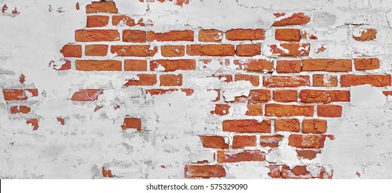 Vintage Old Brick Wall Texture. Grunge Red White Stonewall Background. Distressed Wall Surface. Grungy Wide Brickwall. Shabby Building Facade With Damaged Plaster.  Abstract Web Banner. Copy Space