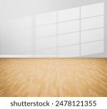 Vintage old brown wooden floor texture with white brick wall dust grime for background