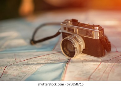 Vintage Old Camera And Map 