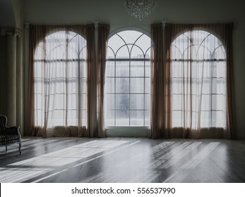 Vintage Old Empty White Studio Room With Big Windows