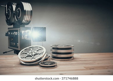 Vintage old movie camera and film cartridge on a wooden table 3D Render