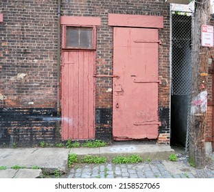 Vintage Old Red Brick Wall Door Cobblestone Street In Hoboken New Jersey