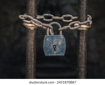 Vintage old rusty padlock with chains on an iron barred gate, dark background - Powered by Shutterstock