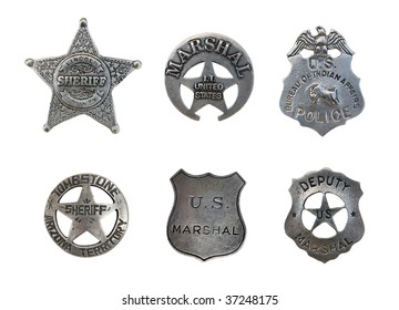 Vintage Old Sheriff, Marshall, And Police Badges Isolated Over White