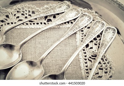 Vintage Old Silverware In A Silver Tray Close-up