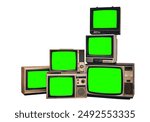 Vintage old televisions with chroma key green screen for designers, isolated on white background with clipping path.