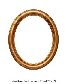 Vintage Old Wooden Classic Golden Round Oval Frame For Picture Or Photo, Isolated On White Background, Close Up