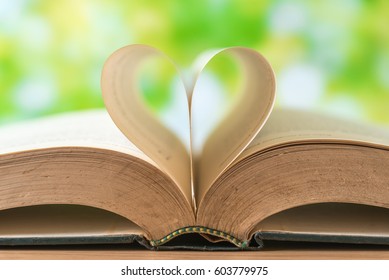 Vintage Open Book With Heart Sign On Green Background