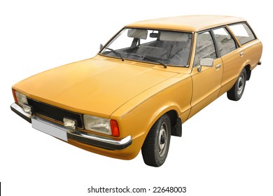 A Vintage Orange British Station Wagon Car From The 70s Isolated On White Background