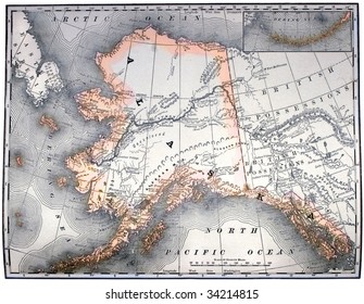 Vintage original map of Alaska, line-colored, dated 1889.
