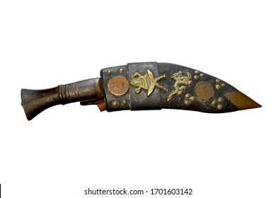 Vintage original nepalese kukri knife; gurkha warriors with a huge steel recurved blade on isolate white background with clipping path