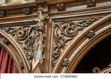 Vintage Ornate Gothic Oak Wooden Scroll Work On Church Confessional Booth