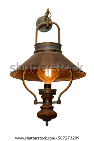Vintage outdoor garden street wall metal electrical lamp in town or village. Isolated on white background.