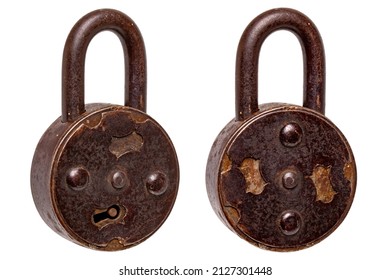 Vintage Padlocks Isolated. Close-up Of An Old Large Padlock With Rotating Keyhole Cover In Two Views Isolated On A White Background. Antique Objects. Macro.