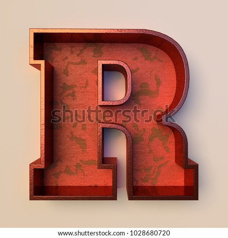 Vintage painted wood letter R with copper metal frame