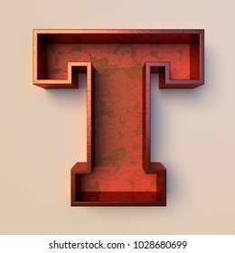 Vintage Painted Wood Letter T With Copper Metal Frame