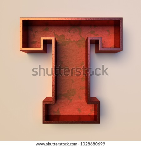 Vintage painted wood letter T with copper metal frame