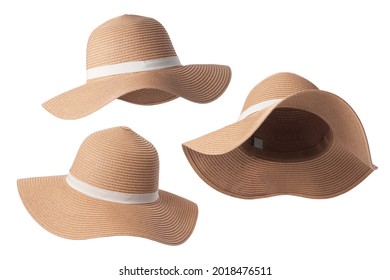Vintage Panama hat, Womens summer yellow straw hat with the white ribbon on white background. - Shutterstock ID 2018476511