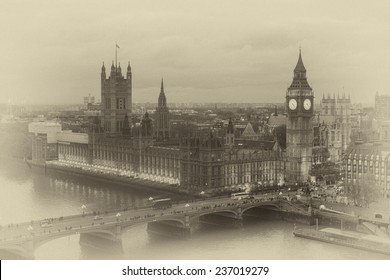 vintage paper. Buildings of Parliament with Big Ben tower in London UK view from Themes river