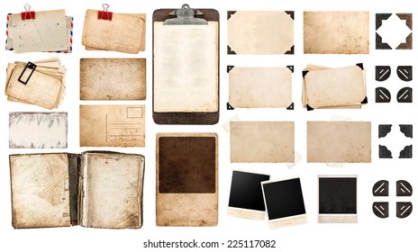 vintage paper sheets, book, old photo frames and corners, antique clipboard isolated on white background. 