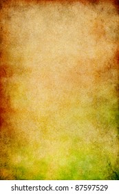 Vintage Paper With Stains, Gritty Grunge Patterns, And A Green To Red Gradient.  Image Displays A Distinct Paper Grain And Texture At 100%.