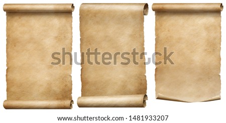 Vintage papers or parchment scrolls set isolated on white
