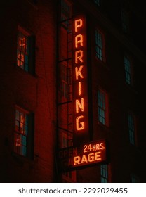 Vintage parking neon sign at Red Ball Garage, Manhattan, New York