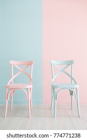 Vintage Pastel Vertical Wooden Chair Painted On Two Tone Background