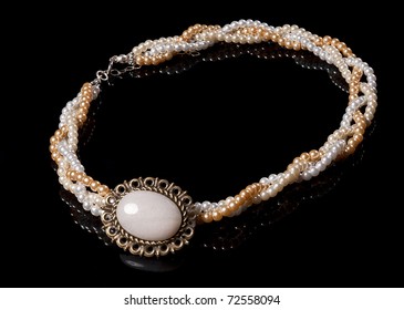 Vintage Pearl Necklace On Black Background Isolated, A Lot Of Copyspace Availabe