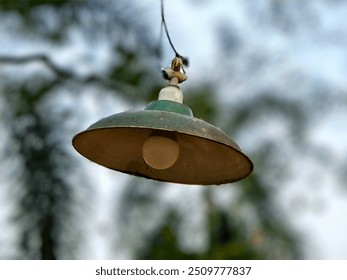 Vintage pendant lamp with a weathered green shade and exposed bulb, hanging outdoors against a blurred natural background. Rustic charm and nostalgic appeal. - Powered by Shutterstock