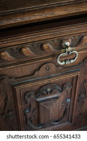 Vintage Pewter Silver Metal Handle Or Knocker On Dark Rich Mahogany Wood Dresser Door. 