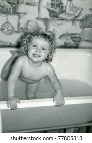 Vintage Photo Of Baby Girl Bathing