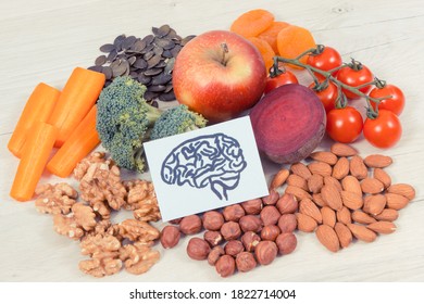 Vintage Photo, Drawing Of Brain And Best Food For Health And Good Memory, Concept Of Healthy Eating