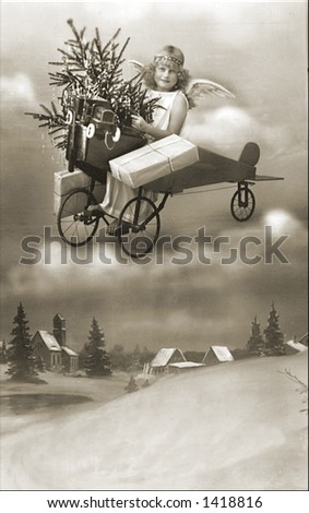 Vintage photo of a Floating Christmas Angel With Presents