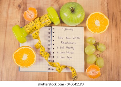 Vintage Photo, New Years Resolutions Eat Healthy, Lose Weight And Join Gym Written In Notebook, Dumbbells For Fitness With Tape Measure, Concept Of Healthy Lifestyle