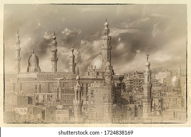 Vintage Photo Of The Old Town In Cairo As Seen From The Top Of Sarghatmish Mosque And School