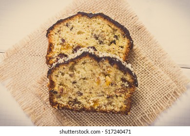 Vintage Photo, Pieces Of Fresh Baked Homemade Fruitcake On Boards, Delicious Dessert