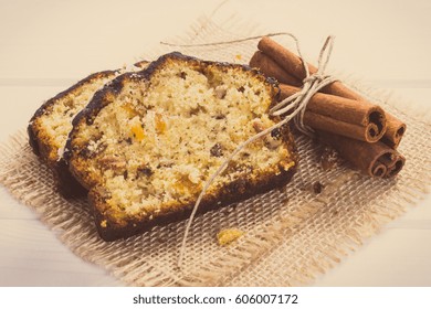 Vintage Photo, Pieces Of Fresh Baked Homemade Fruitcake And Ingredients For Baking On Boards, Delicious Dessert