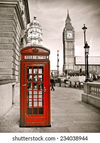 Vintage Photo Of Red Telephone Box And Big Ben.